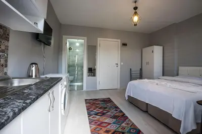 a kitchen and a bedroom with a bed and a sink at Zelya İstanbul flats in Istanbul