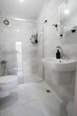 a bathroom with a toilet and a sink and a shower at Zelya İstanbul flats in Istanbul