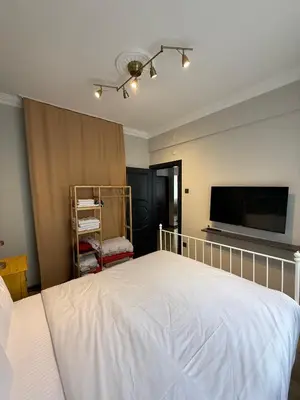 a bedroom with a large bed and a flat screen tv at Mansion Gorki in Istanbul