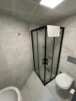 a bathroom with a glass shower and a toilet at Grand Kybele Hotel in Istanbul