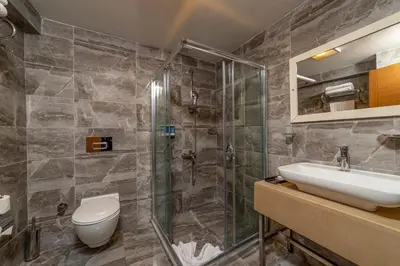 a bathroom with a shower and a toilet and a sink at Hotel Black Pearl in Istanbul