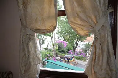 a window with curtains and a view of a pool at Büyükada Anastasia Meziki History Mansion in Buyukada