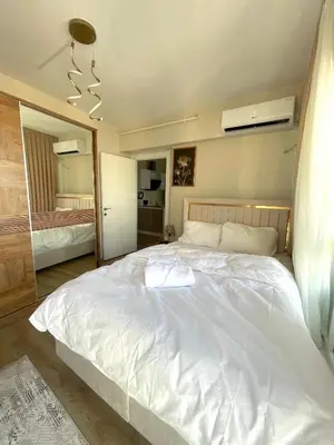 a large white bed in a bedroom with a mirror at Two Bedroom King Suite BH46 in Esenyurt