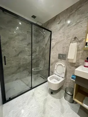 a bathroom with a shower and a toilet and a sink at Asem Palace in Istanbul