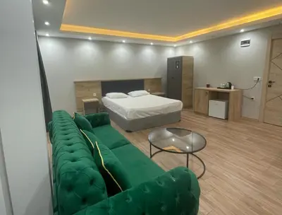 a living room with a green couch and a bed at Asem Palace in Istanbul