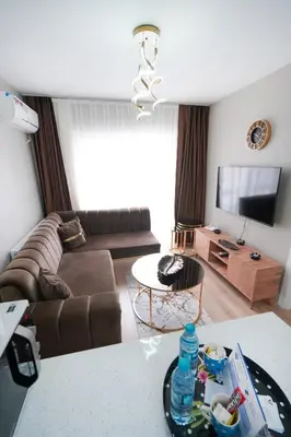 a living room with a couch and a television at Classic Suite TS32 in Esenyurt