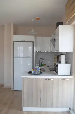 a kitchen with white cabinets and a white refrigerator at King Suite OJ9 in Esenyurt