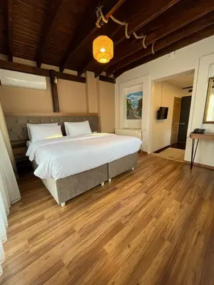a bedroom with a large bed and a wooden floor at PALMERA ART HOUSE in Istanbul
