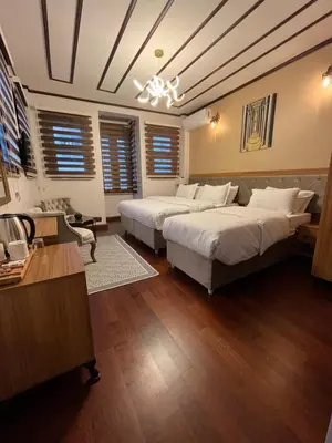 a bedroom with two beds and a chandelier at PALMERA ART HOUSE in Istanbul