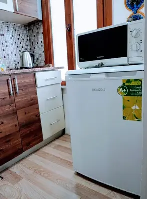 a kitchen with a white refrigerator and a microwave at Easeinn in Istanbul