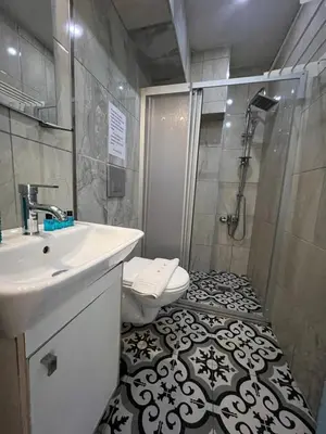 a bathroom with a toilet and a sink and a shower at Rodin Hostel in Istanbul