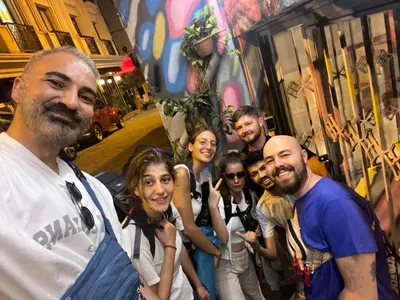 a group of people posing for a picture on a street at Rodin Hostel in Istanbul