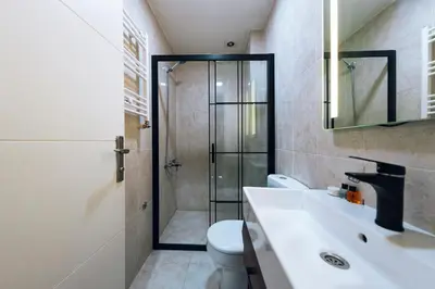 a bathroom with a shower and a sink and a toilet at MİLA SUİTES TAKSİM in Istanbul