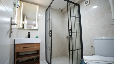 a bathroom with a shower and a sink and a toilet at MİLA SUİTES TAKSİM in Istanbul