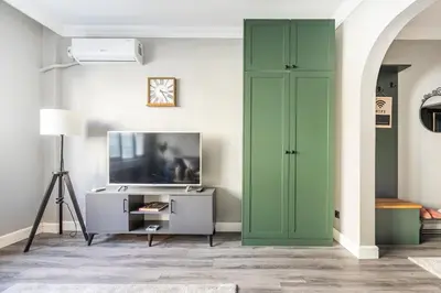 a living room with a green door and a tv at sevim suites Nişantaşı in Istanbul
