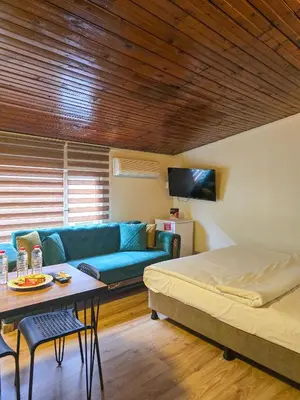 a living room with a blue couch and a bed at Karakoy Port House in Istanbul