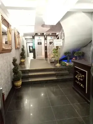 a lobby with stairs and a door with a fireplace at ZEO HOTEL merter in Istanbul