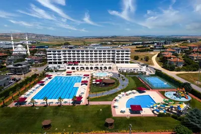 an aerial view of a hotel with a swimming pool at Ramada Plaza by Wyndham Silivri in Silivri
