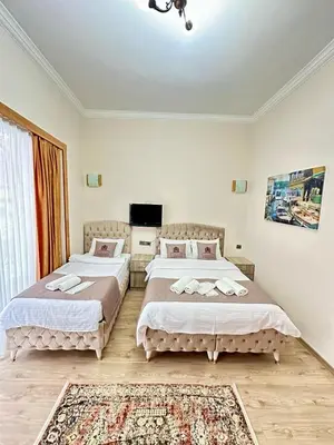 a bedroom with two beds and a television in it at Elegance Aparts Cihangir in Istanbul