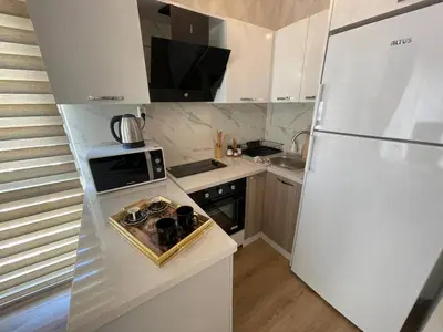 a kitchen with a white refrigerator and a microwave at King Suite ZG5 in Esenyurt