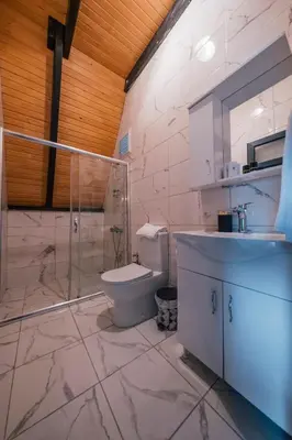 a bathroom with a toilet and a sink and a shower at Kurtköy Park Bungalov Evleri in Sakarya