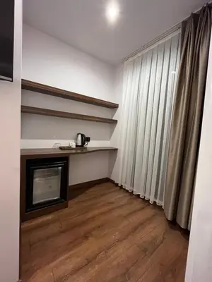 a living room with a fireplace and a window at PALMERA HAGIA SOPHIA Hotel in Istanbul