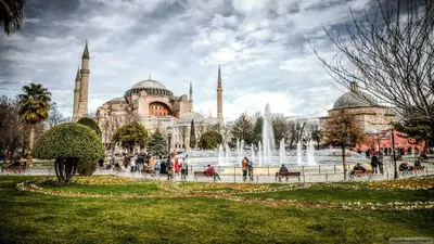 a view of a mosque with a fountain in front of it at Carvan hotel in Istanbul