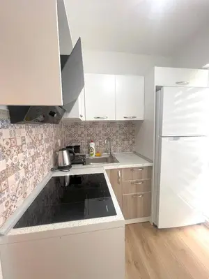 a white kitchen with a sink and a refrigerator at Two Bedroom King Suite IH19 in Esenyurt
