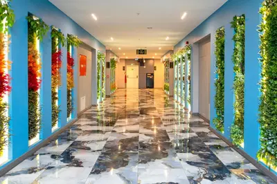 a hallway of a hotel with a tile floor and plants at ZOOM HOTEL in Istanbul