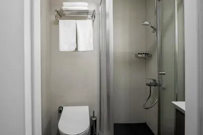a bathroom with a toilet and a shower with towels at İstanbul Efes Hotel in Istanbul