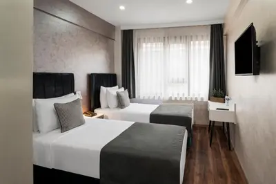 a hotel room with two beds and a television at İstanbul Efes Hotel in Istanbul