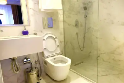 a bathroom with a toilet and a shower at Olympos Garden Hotel in Istanbul