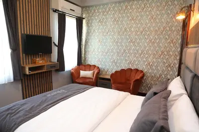 a hotel room with a bed and two chairs and a television at İstasyon Otel in Boyalık