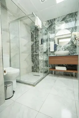 a bathroom with a shower and a toilet at Velmore Hotel & Spa in Kestel