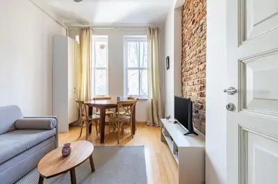 a living room with a couch and a brick wall at Warm Cozy Charming 2BD2Bath GalataTower Gem! #256 in Istanbul