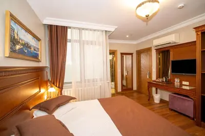 a bedroom with a bed and a desk and a television at Hotel Blisstanbul in Istanbul