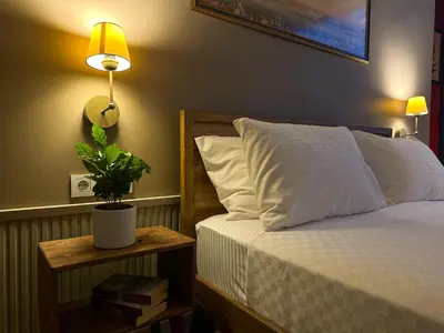 a bedroom with a bed with a lamp and a plant at The Haliç Bosphorus Hotel in Istanbul