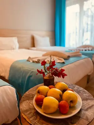 a plate of fruit on a table with two beds at Ottoman Luxury Hotel in Istanbul