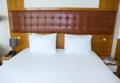a bed with two white pillows and a brown headboard at The Hera Platinum Hotel in Istanbul