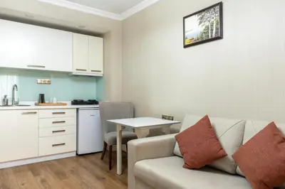 a living room with a couch and a table and a kitchen at 6 Apartment Galata in Istanbul