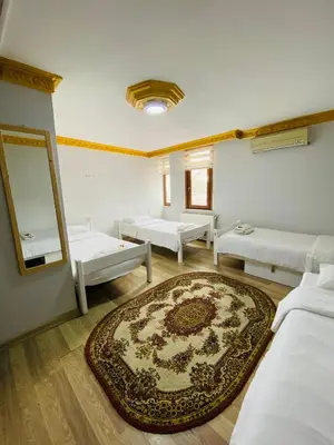 a room with two beds and a mirror and a rug at Stylish Hotel Old City in Istanbul