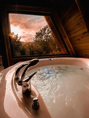a bath tub with a bird in it with a window at Loca Sapanca Bungalov in Sapanca