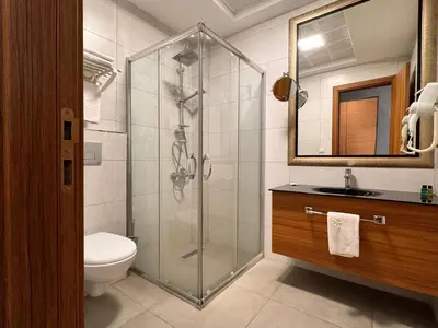 a bathroom with a shower and a toilet and a sink at İNNPORT HOTEL in Gebze